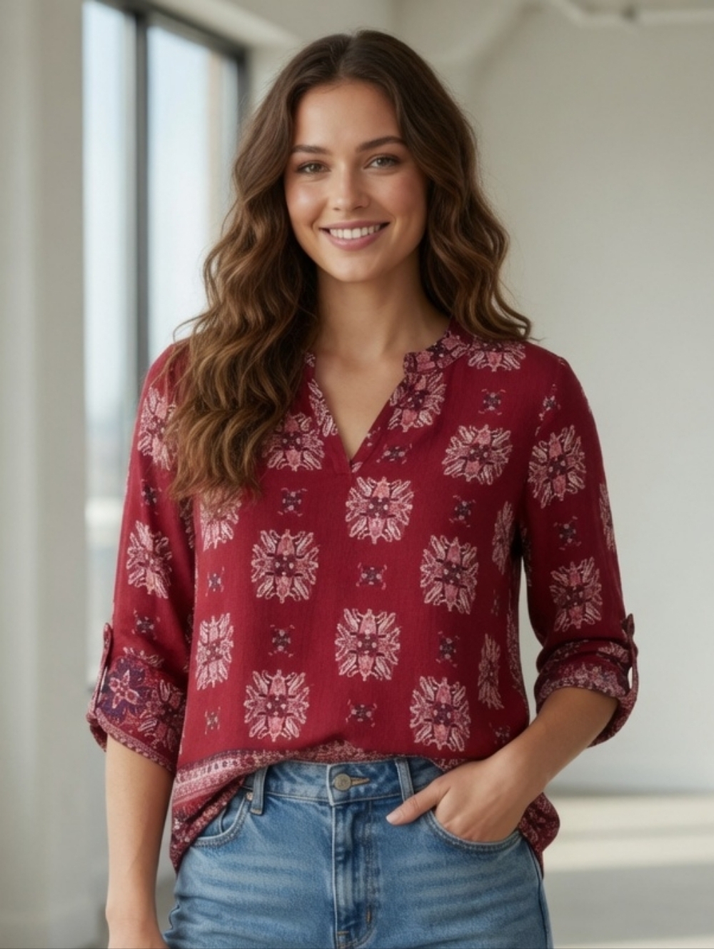Women's Pink Republic Burgundy Floral Print Boho V Neck Tunic Blouse
